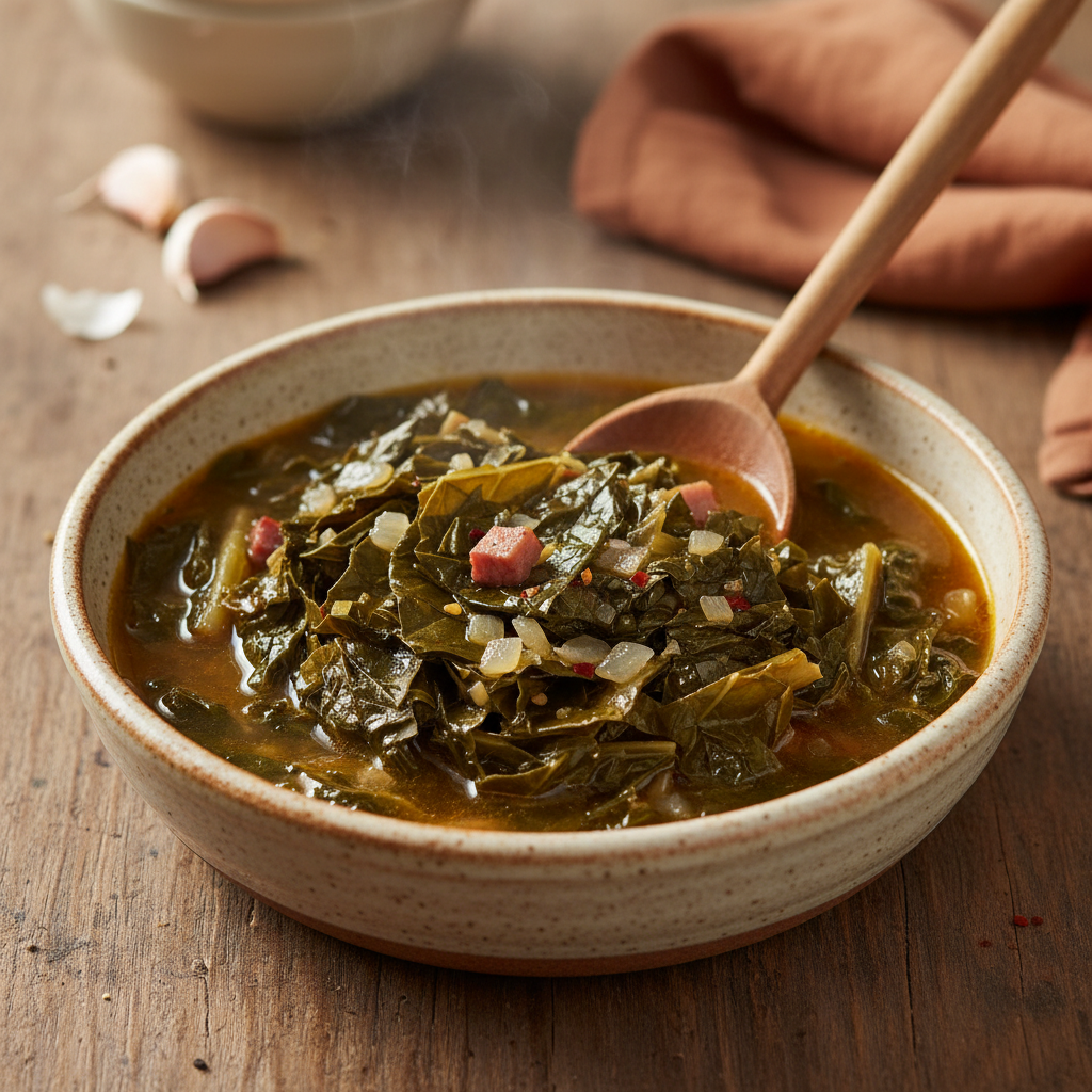 Bowl of collard greens with ham on a wooden table