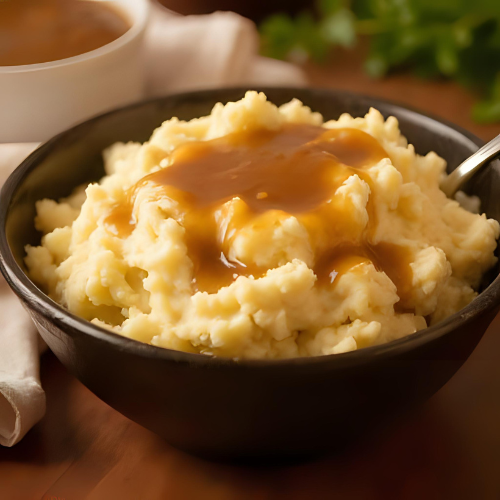 Bowl of mashed potatoes with gravy on a wooden table