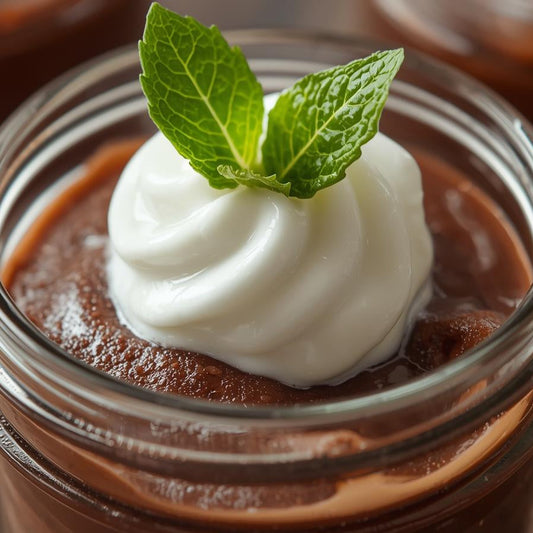 mason jar filled with chocolate pudding, devonshire cream, and peppermint garnish