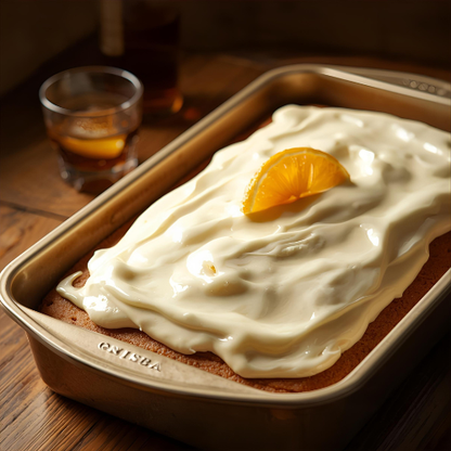 bourbon old-fashioned cake with white frosting and an orange slice  with a glass of whiskey in the background.